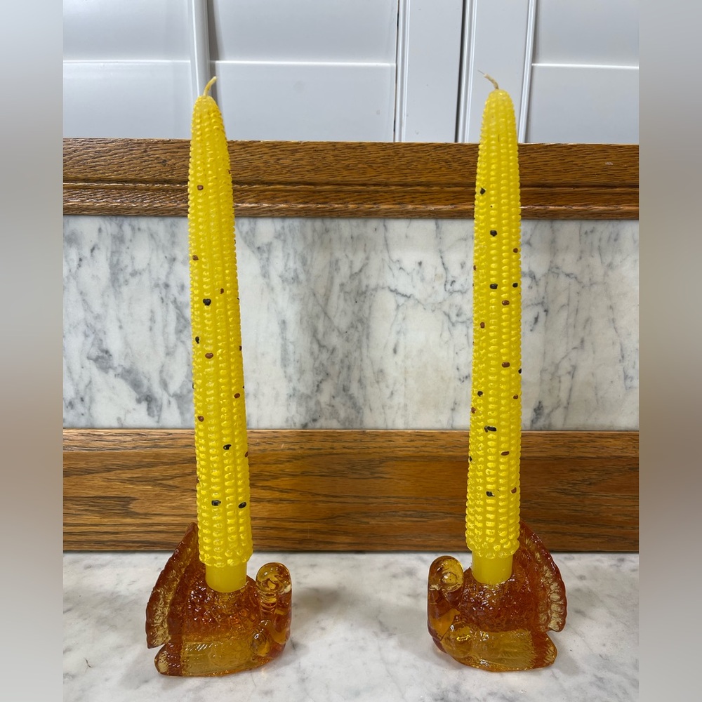 set of 2 VNTG taper candles shaped like corn cobs & glass turkey-shaped holders